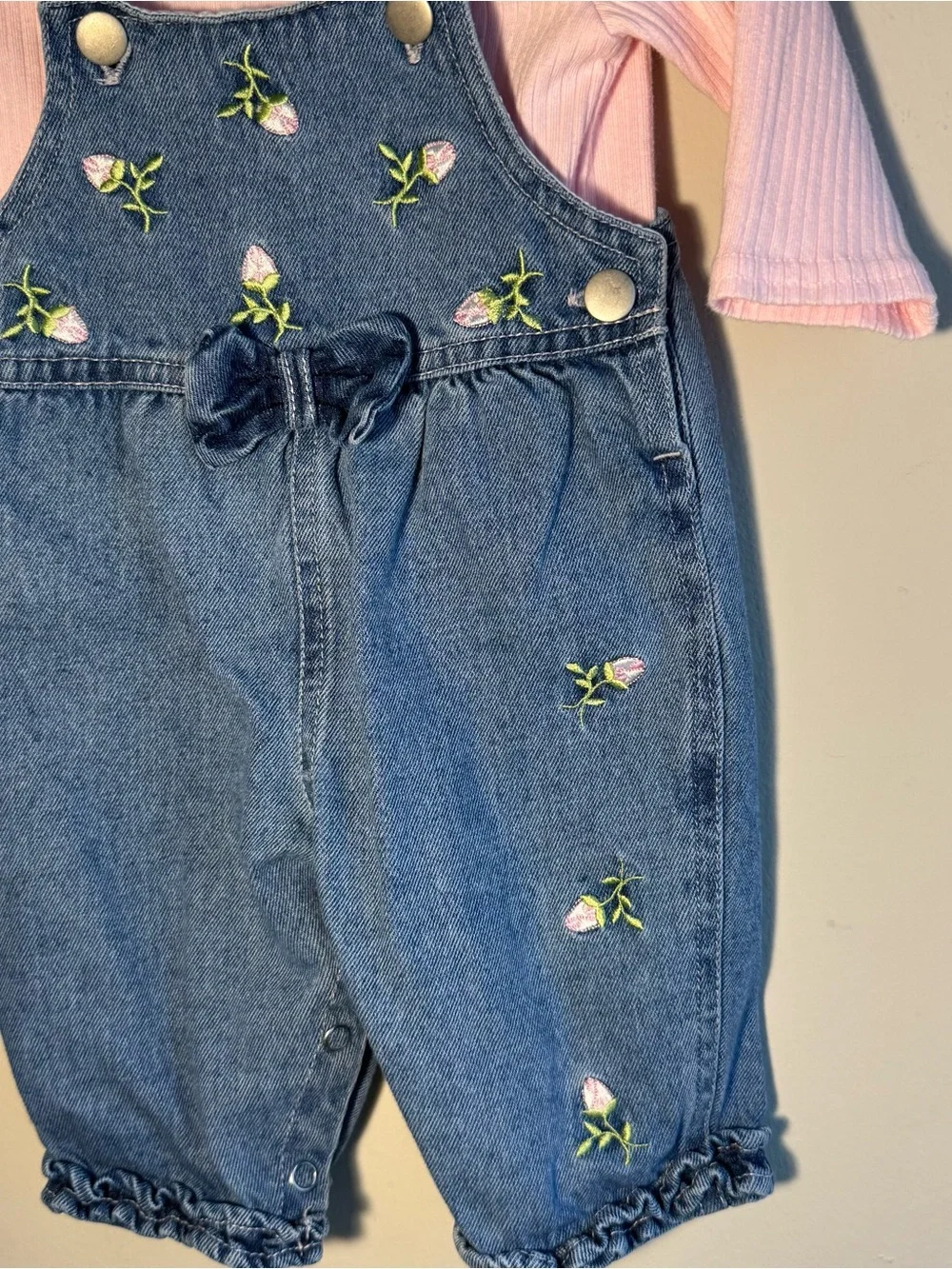 Pink Top with Embroidered Denim Overalls - Baby Girls